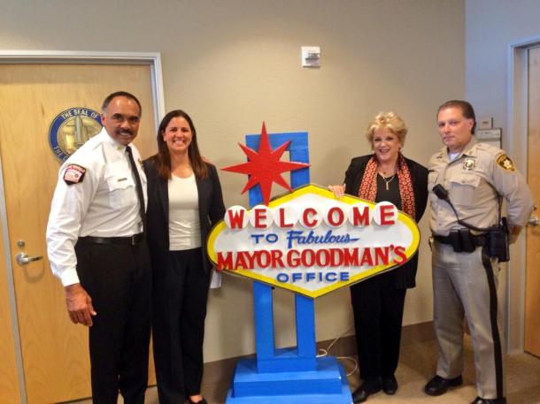 Fire Chief William McDonald, Nextdoor Co-Founder Sarah Leary, Mayor Carolyn G. Goodman, and Police Captain Shawn Andersen celebrate the announcement.
